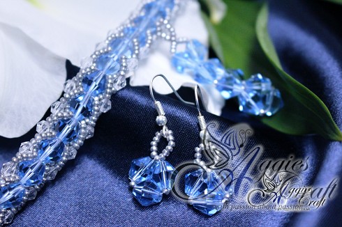 Bracelet, Earrings and Pendant, Light Blue and Galvanized