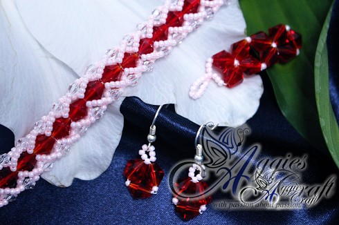Bracelet, Earrings and Pendant, Pink and Red