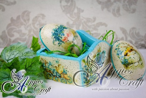 Hand decorated set of two Easter eggs and basket